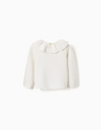 Knitted jumper with ruffled collar for baby girls, white