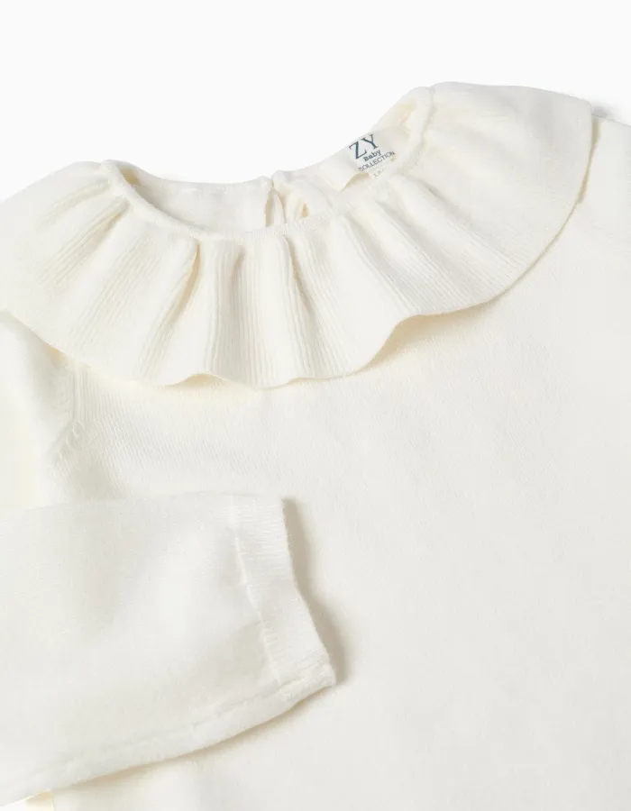 Knitted jumper with ruffled collar for baby girls, white