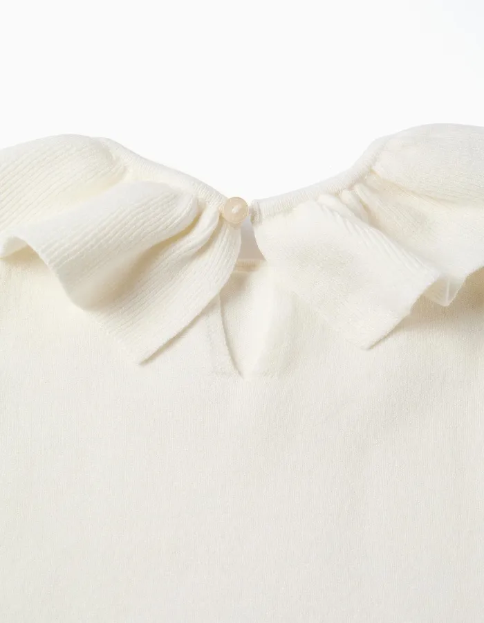 Knitted jumper with ruffled collar for baby girls, white