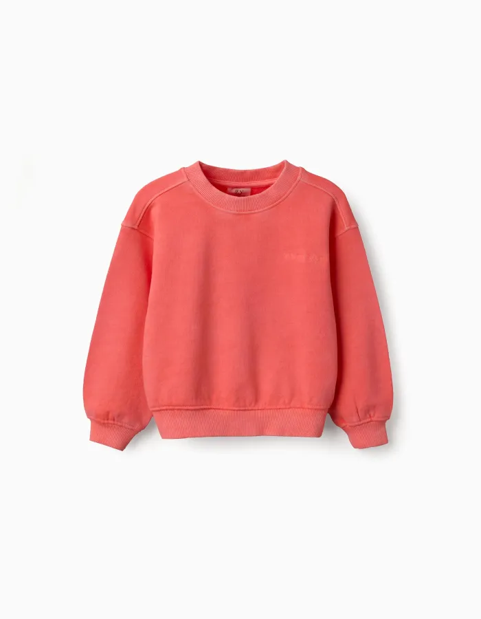 Cotton sweatshirt with dropped shoulders for baby girls, neon coral