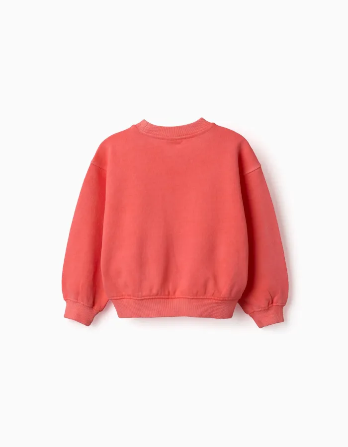 Cotton sweatshirt with dropped shoulders for baby girls, neon coral