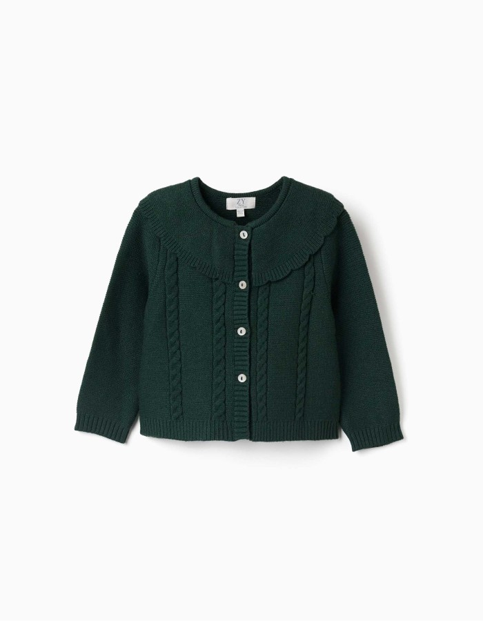 Knitted cardigan with cable details B&S for baby girls, dark green