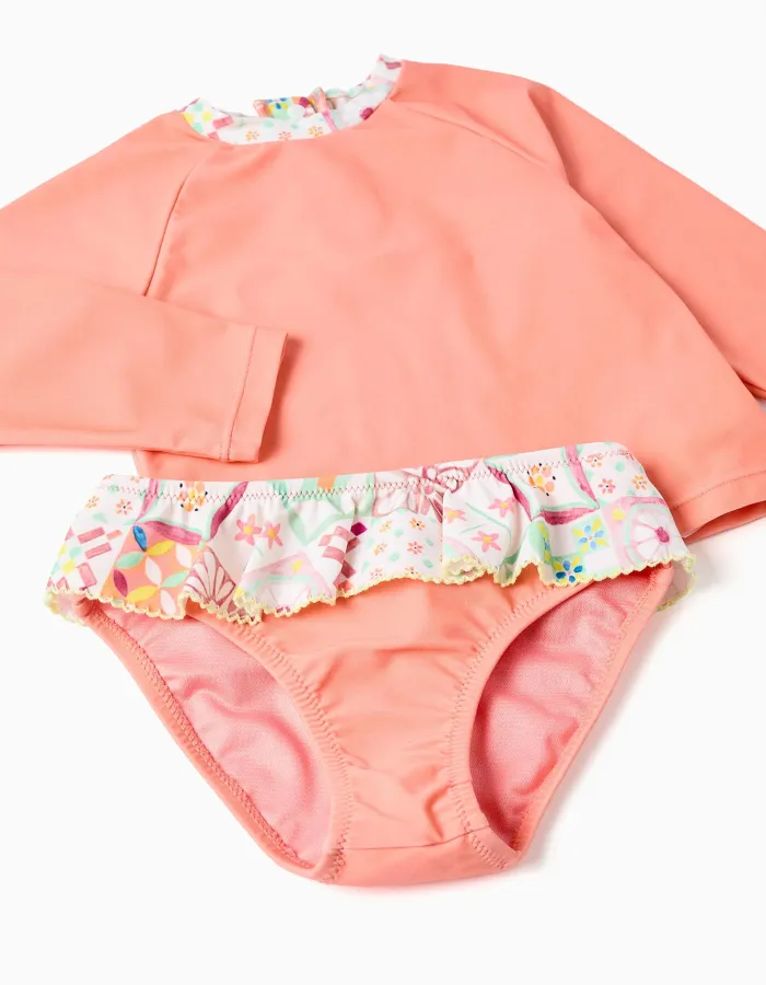 Swim set with UV 40+ protection and motif for babies and girls, coral