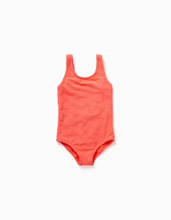 Swimsuit with star motif in bouclé for baby girls, neon coral