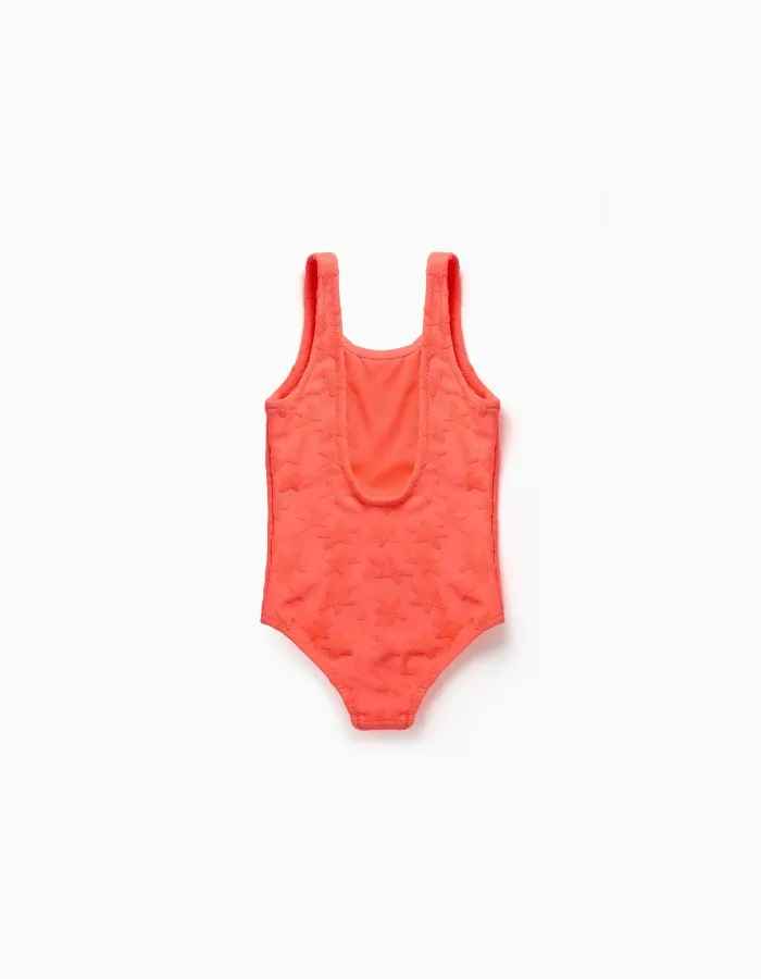 Swimsuit with star motif in bouclé for baby girls, neon coral