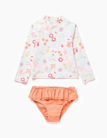 Swim set with UV 80 protection and motif for babies and girls, white/orange