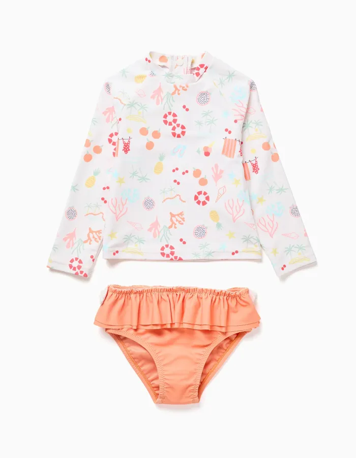 Swim set with UV 80 protection and motif for babies and girls, white/orange