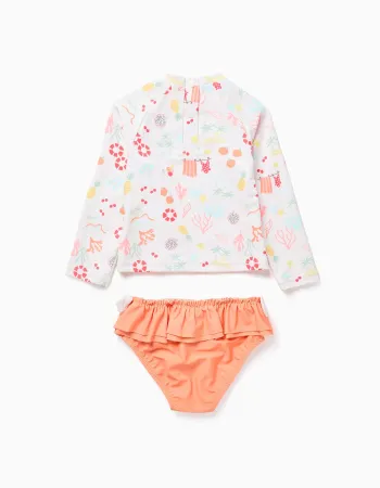 Swim set with UV 80 protection and motif for babies and girls, white/orange