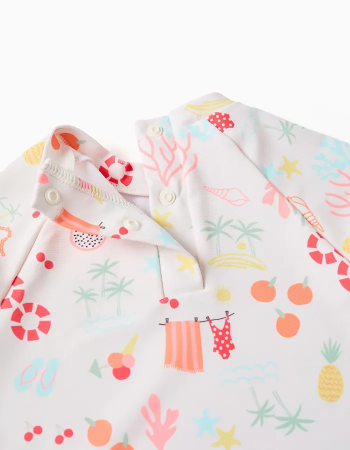 Swim set with UV 80 protection and motif for babies and girls, white/orange