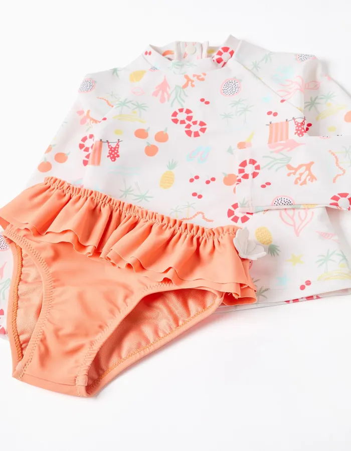 Swim set with UV 80 protection and motif for babies and girls, white/orange