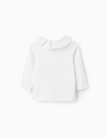 Long Sleeve Ruffle Neck T-Shirt for Baby Girls, White