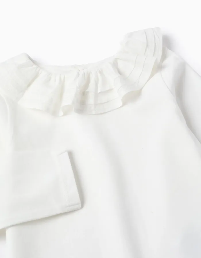 Long Sleeve Ruffle Neck T-Shirt for Baby Girls, White