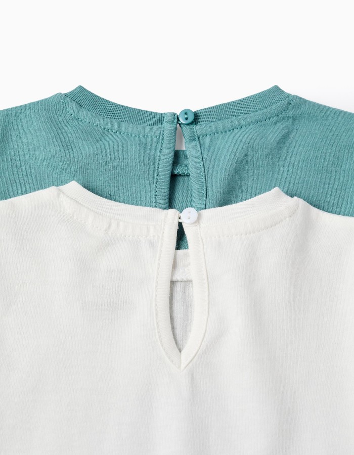 Pack of 2 Long Sleeve T-shirts for Baby Girls, White/Turquoise