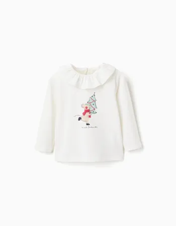 Long sleeve T-shirt with ruffle collar and print for baby girls, white