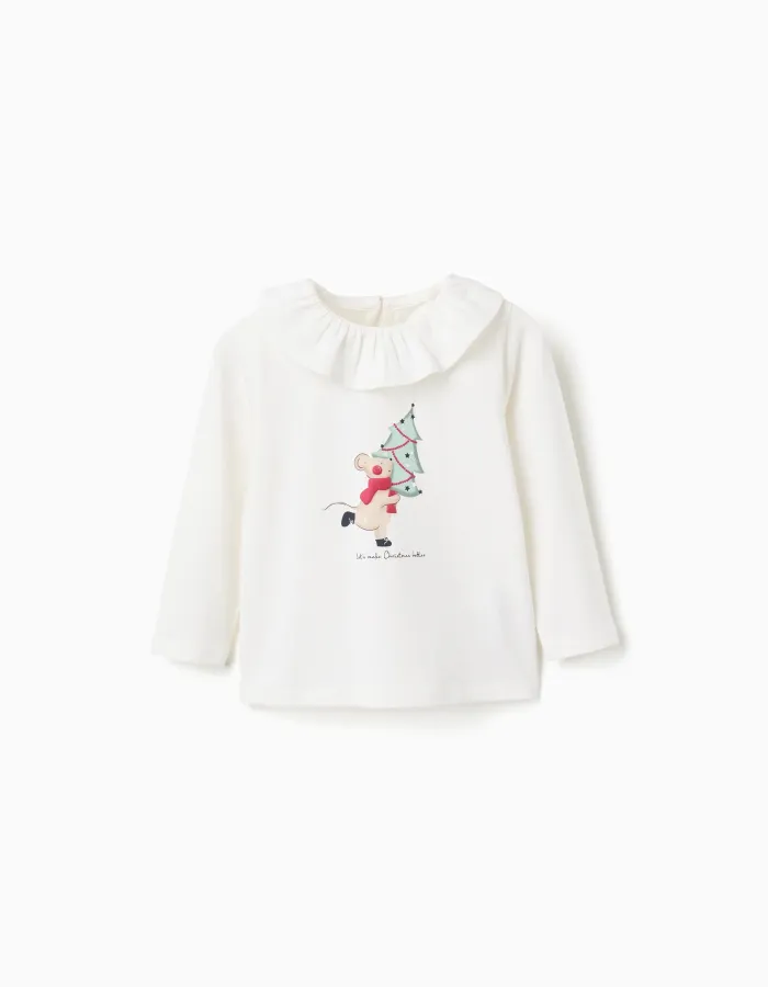 Long sleeve T-shirt with ruffle collar and print for baby girls, white