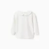 Long sleeve T-shirt with ruffle collar and print for baby girls, white