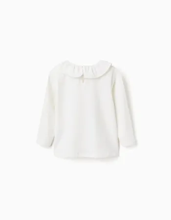 Long sleeve T-shirt with ruffle collar and print for baby girls, white