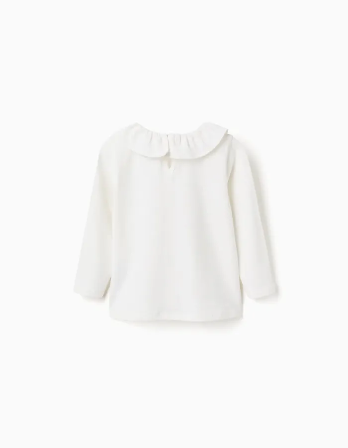 Long sleeve T-shirt with ruffle collar and print for baby girls, white