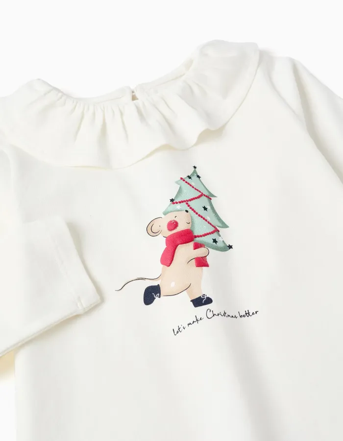 Long sleeve T-shirt with ruffle collar and print for baby girls, white