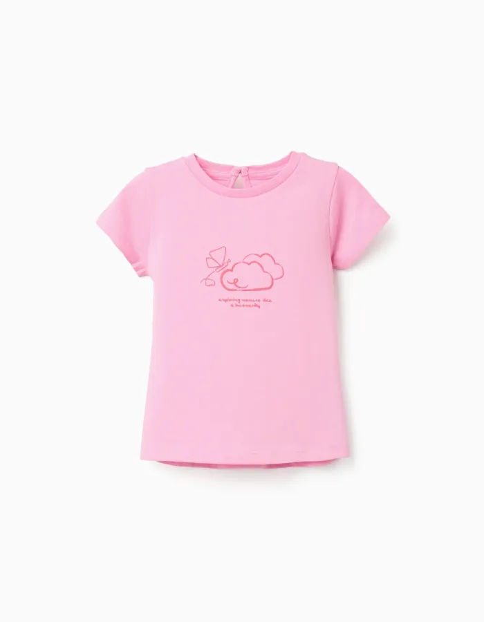 Cotton T-shirt with embossed front print for baby girls, pink