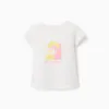 Cotton T-shirt with Be Curious print for baby girls, white