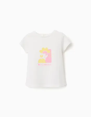 Cotton T-shirt with Be Curious print for baby girls, white