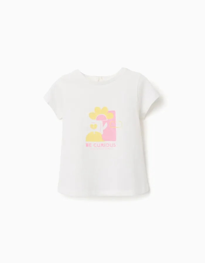 Cotton T-shirt with Be Curious print for baby girls, white