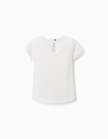 Cotton T-shirt with Be Curious print for baby girls, white