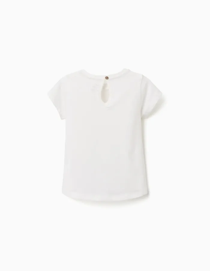 Cotton T-shirt with Be Curious print for baby girls, white