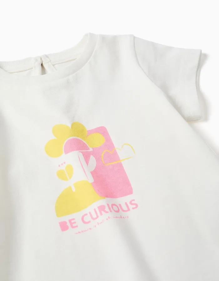 Cotton T-shirt with Be Curious print for baby girls, white