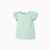 T-shirt with ruffled sleeves and round collar for baby girls, light green