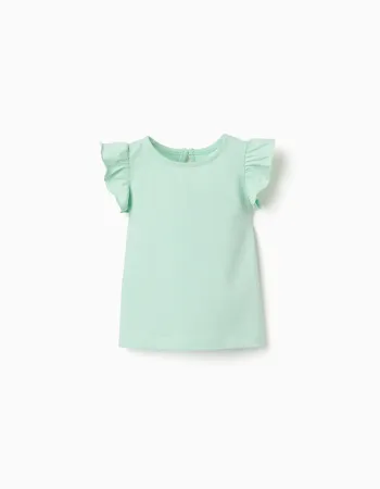 T-shirt with ruffled sleeves and round collar for baby girls, light green
