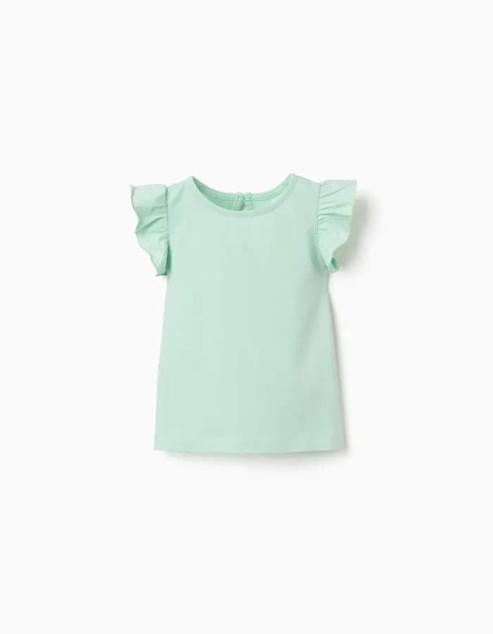 T-shirt with ruffled sleeves and round collar for baby girls, light green