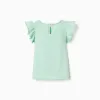 T-shirt with ruffled sleeves and round collar for baby girls, light green