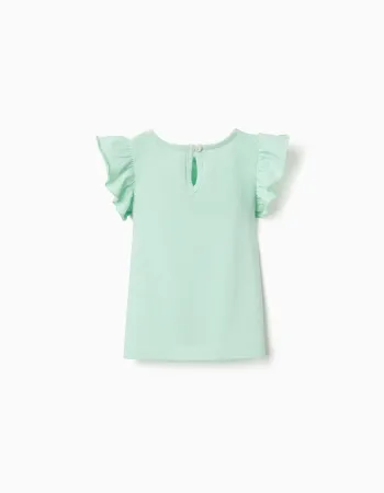 T-shirt with ruffled sleeves and round collar for baby girls, light green