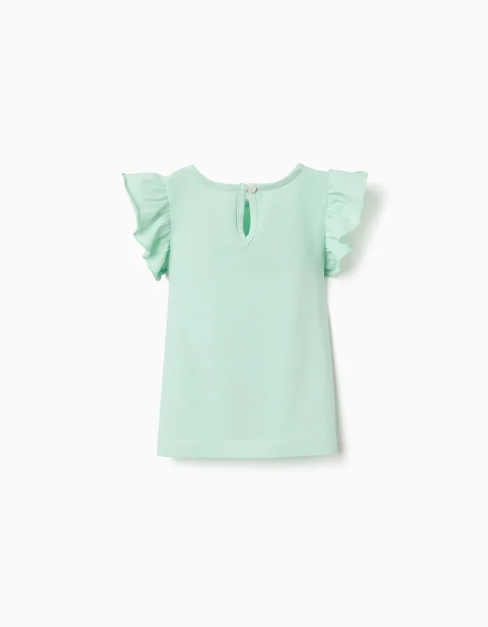 T-shirt with ruffled sleeves and round collar for baby girls, light green