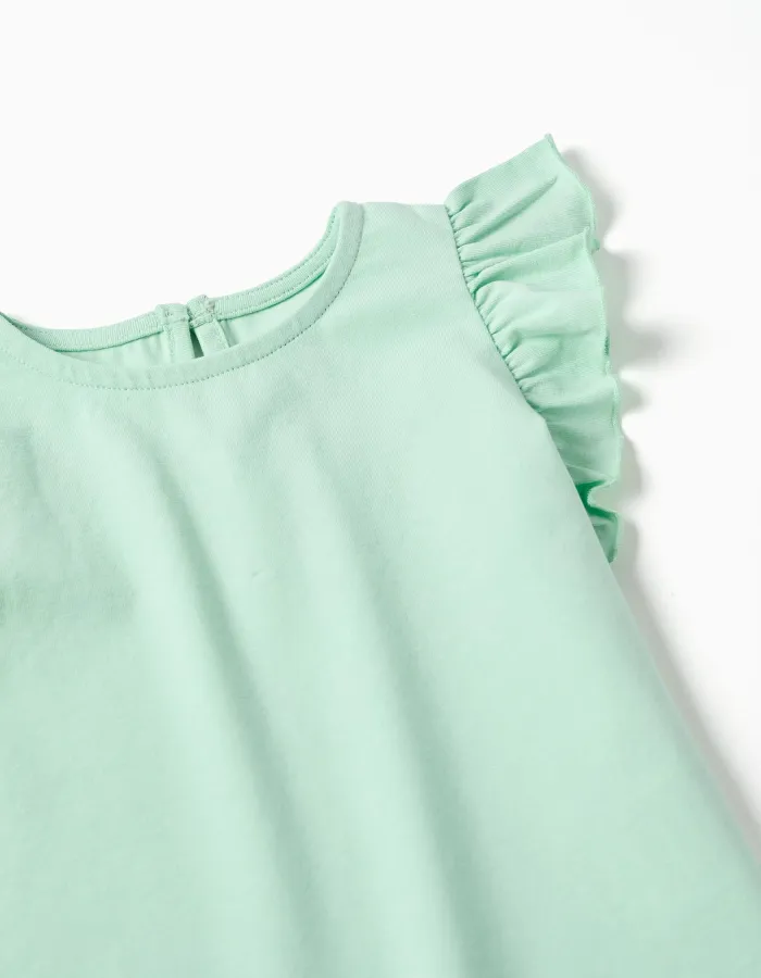 T-shirt with ruffled sleeves and round collar for baby girls, light green