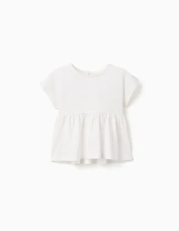 Cotton T-shirt with ruffled base for baby girls, white