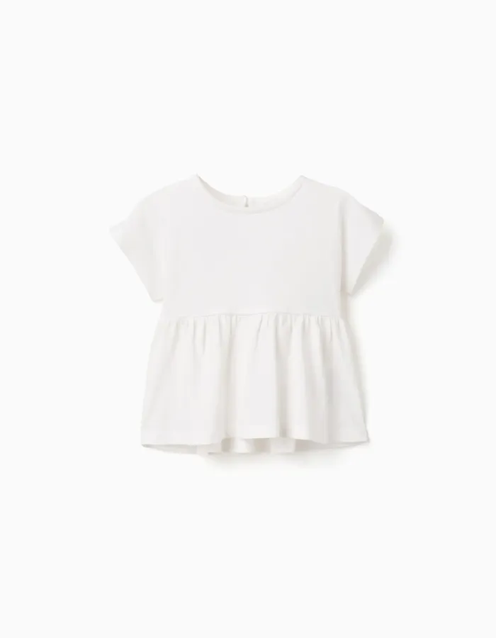Cotton T-shirt with ruffled base for baby girls, white