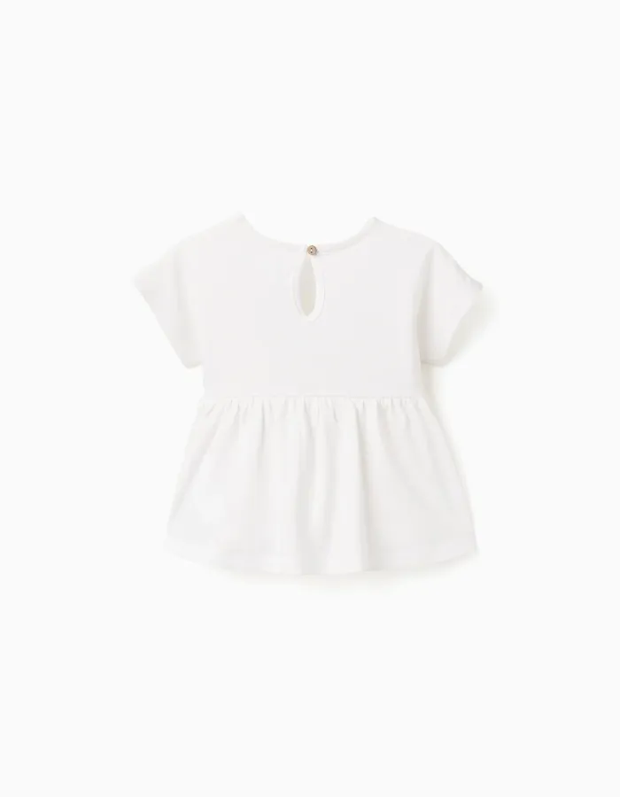 Cotton T-shirt with ruffled base for baby girls, white