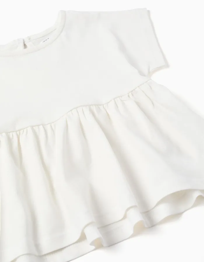 Cotton T-shirt with ruffled base for baby girls, white