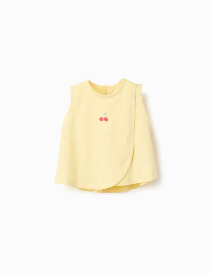 Sleeveless cotton top with cherry print for baby girls, yellow