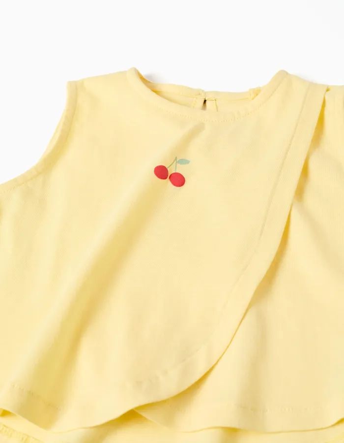 Sleeveless cotton top with cherry print for baby girls, yellow
