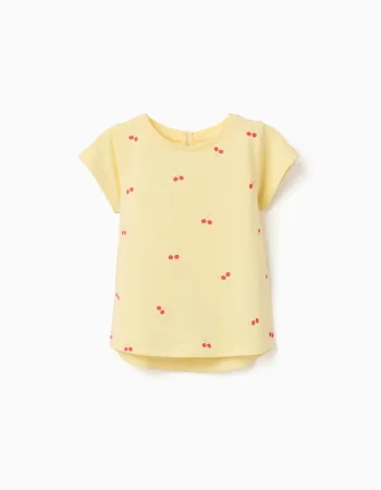 Cotton T-shirt with cherry motif for baby girls, yellow