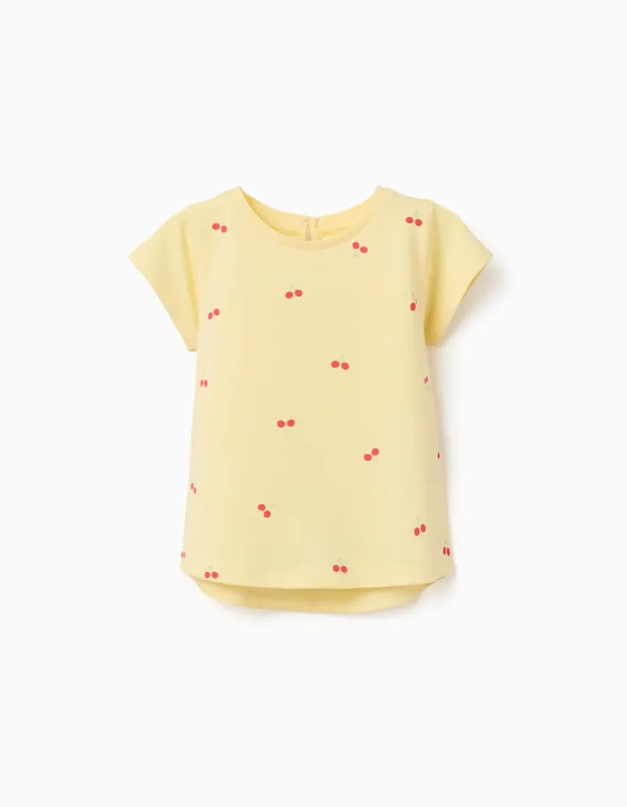 Cotton T-shirt with cherry motif for baby girls, yellow