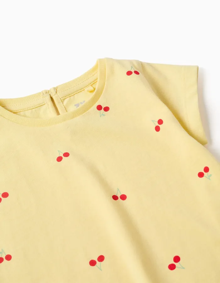 Cotton T-shirt with cherry motif for baby girls, yellow