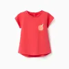 Cotton T-shirt with orange print for baby girls, coral