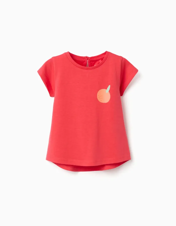 Cotton T-shirt with orange print for baby girls, coral