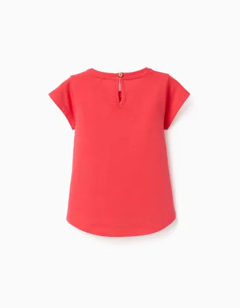 Cotton T-shirt with orange print for baby girls, coral