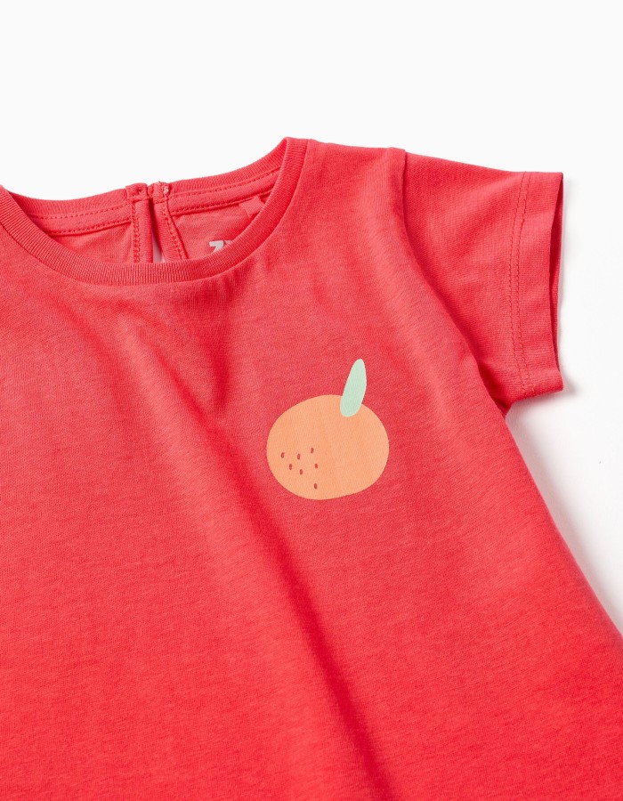 Cotton T-shirt with orange print for baby girls, coral